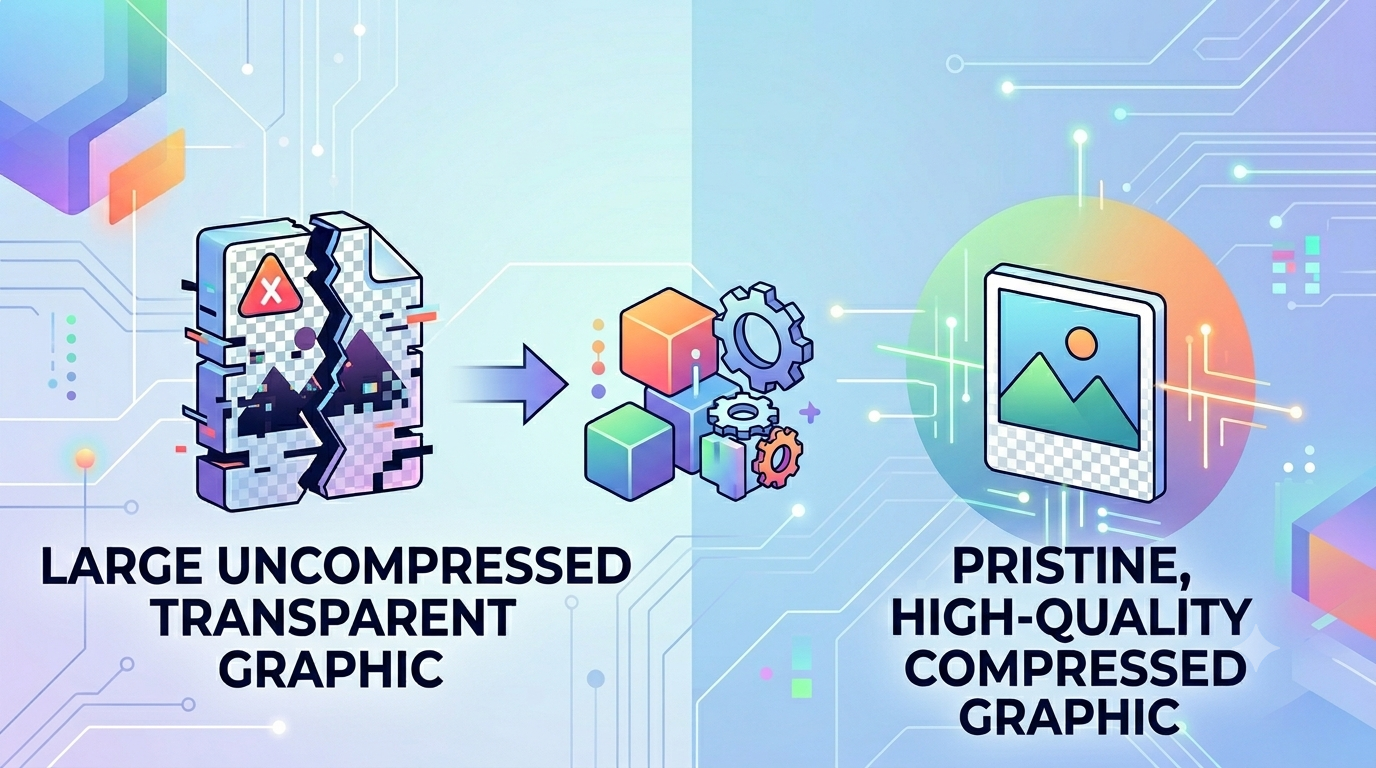A comparison view showcasing large transparent graphics turning into lightweight web files