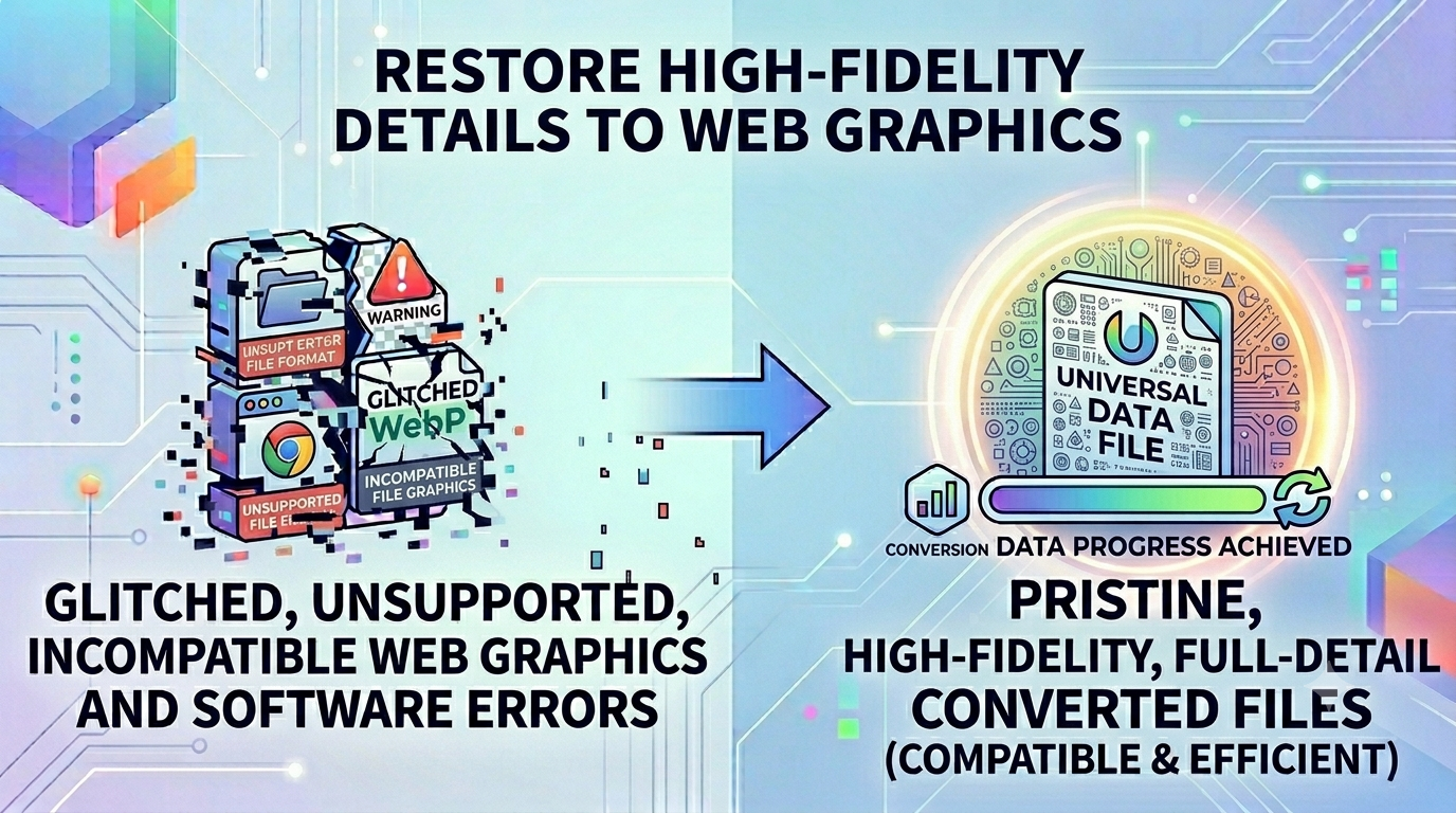 A graphic design workspace layout showing web graphics expanding into editable lossless assets