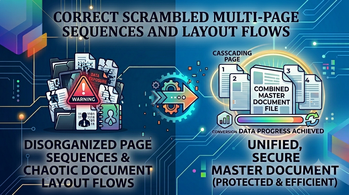A visual thumbnail array display mapping page shifting movements inside a reorder pdf pages utility