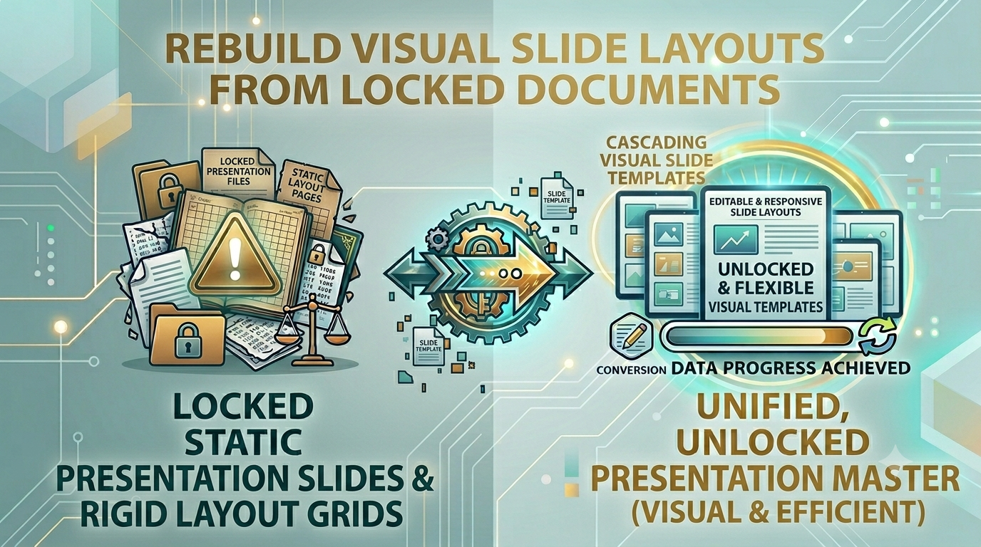 A visual graphics flow chart turning individual document layouts into active presentation slide blocks